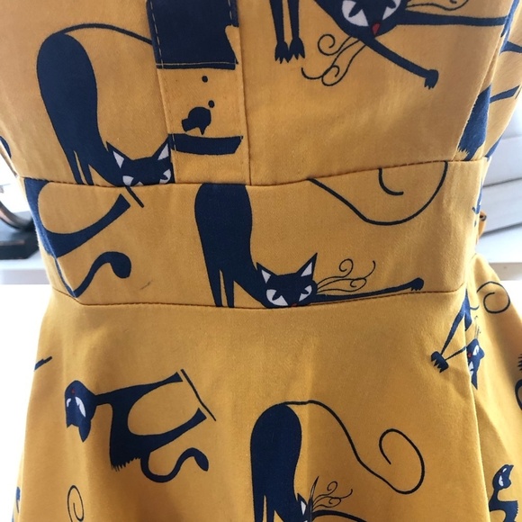 Vintage IXIA Cat Print Mini Dress Yellow Blue Small - Picture 11 of 13